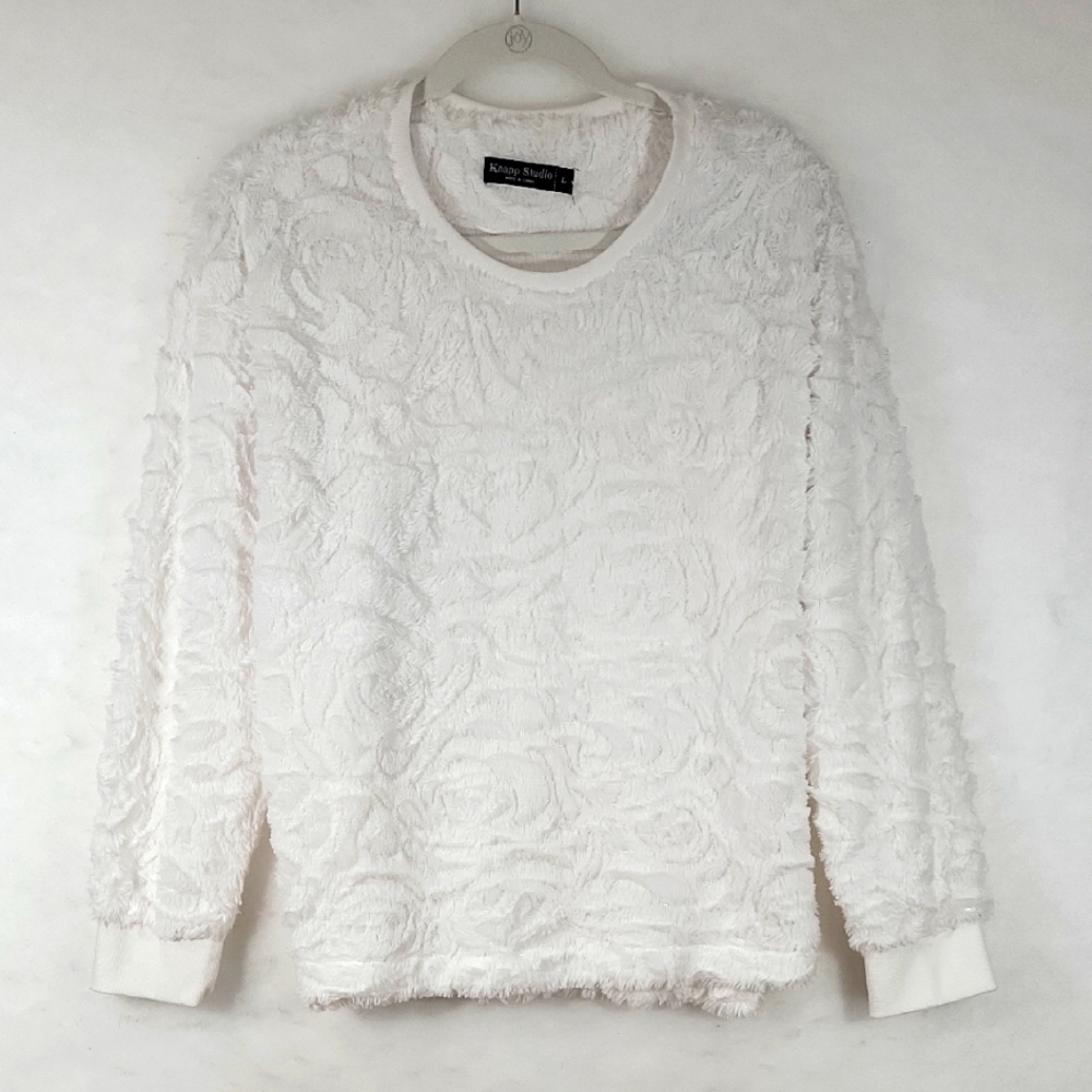 Knapp Studio White Minky Rosette Textured Long Sleeve Sweater Size L